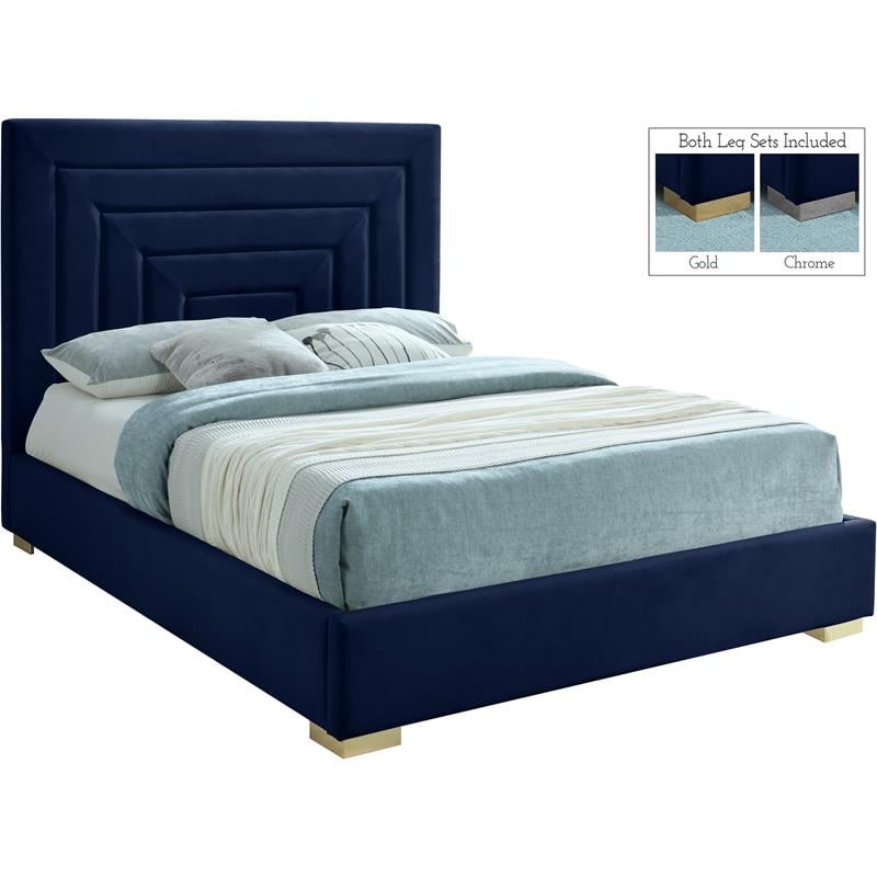 Bowery Hill Contemporary Navy Velvet King Bed with Gold/Chrome Legs Included