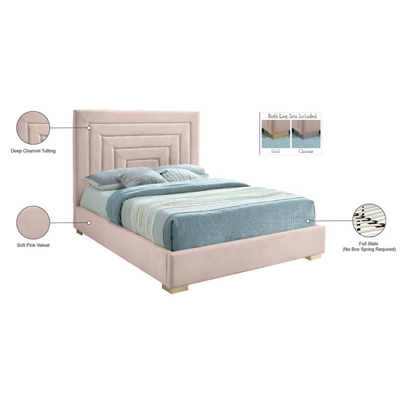Bowery Hill Contemporary Pink Velvet Full Bed with Gold/Chrome Legs Included