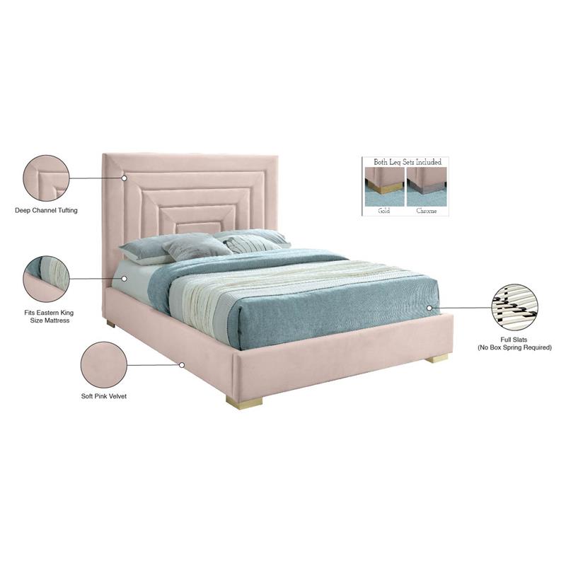 Bowery Hill Contemporary Pink Velvet King Bed with Gold/Chrome Legs Included