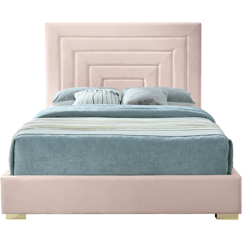 Bowery Hill Contemporary Pink Velvet King Bed with Gold/Chrome Legs Included