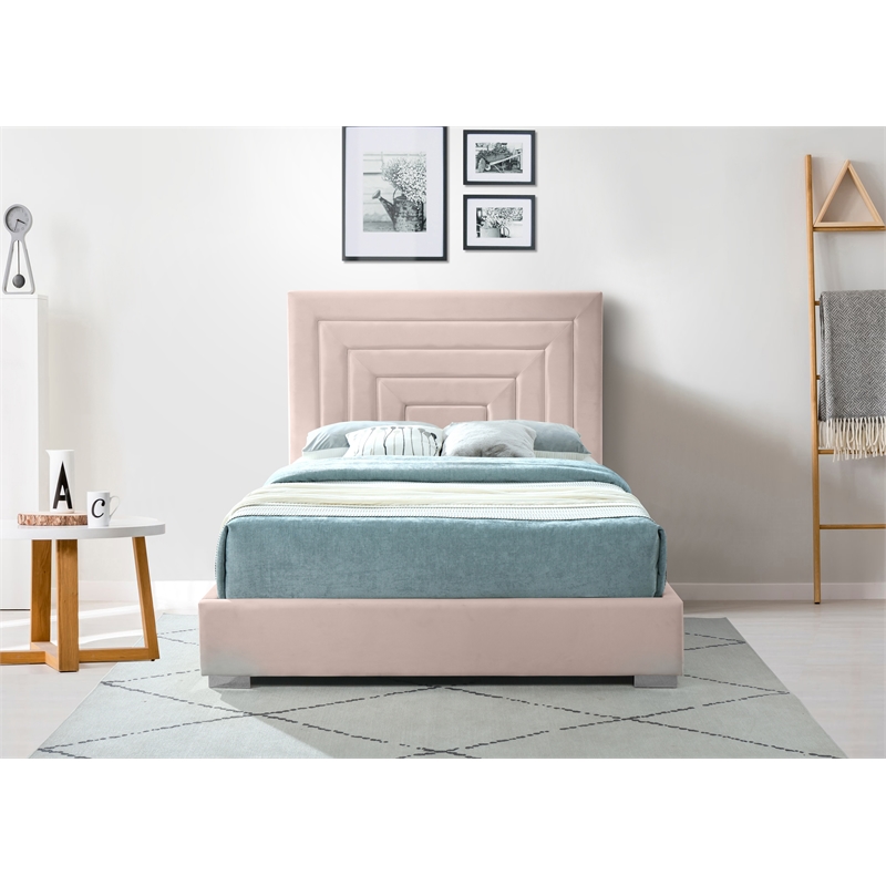 Bowery Hill Contemporary Pink Velvet King Bed with Gold/Chrome Legs Included