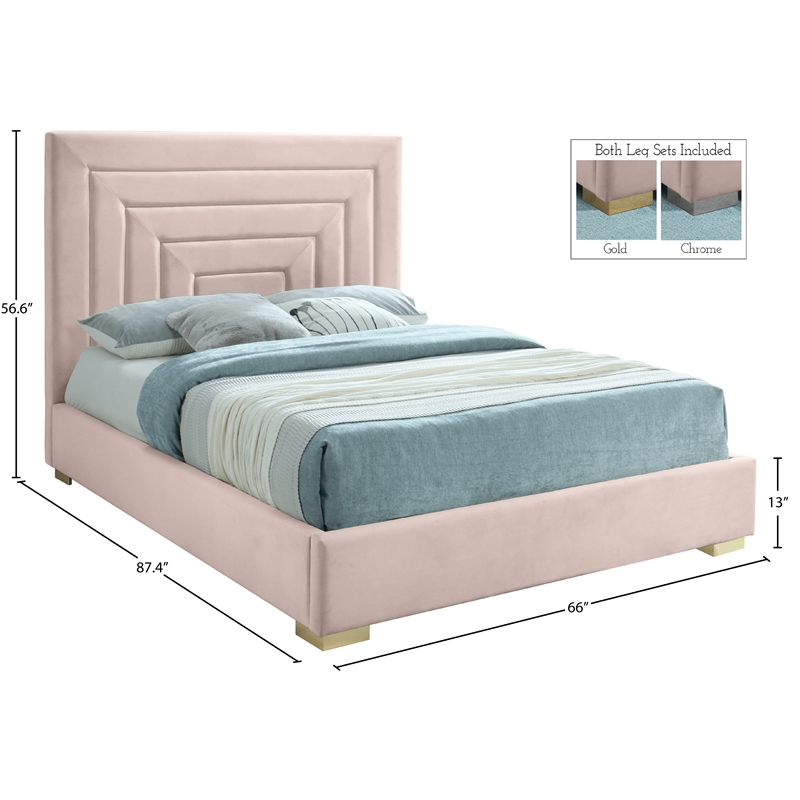 Bowery Hill Contemporary Pink Velvet Queen Bed with Gold/Chrome Legs Included