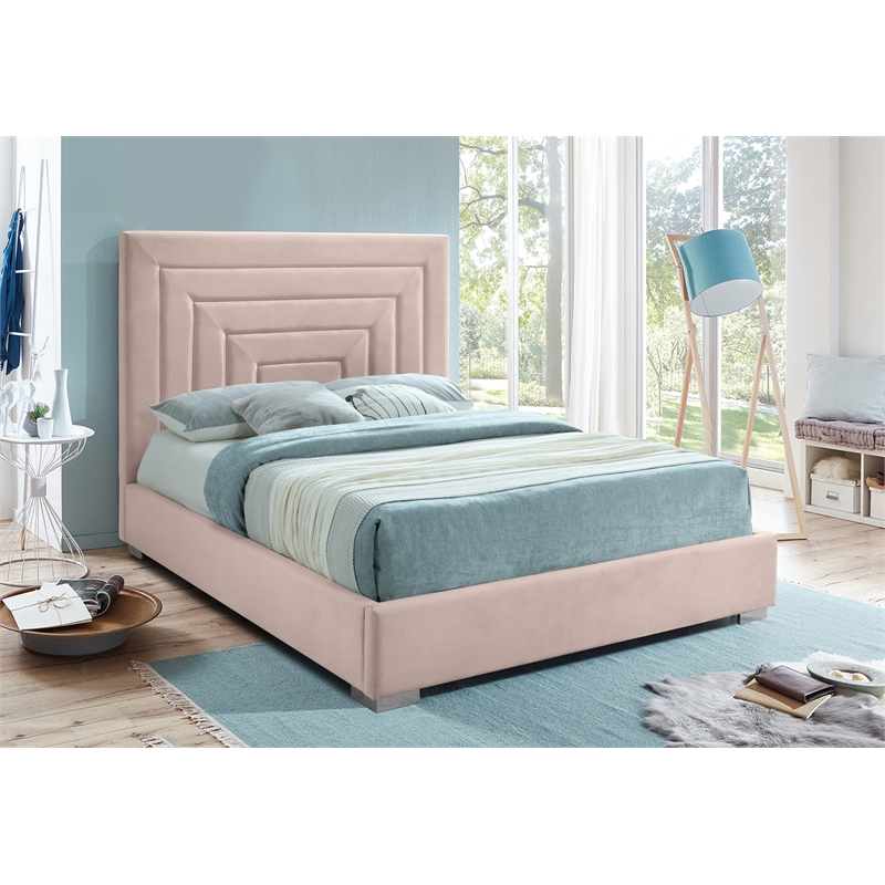 Bowery Hill Contemporary Pink Velvet Queen Bed with Gold/Chrome Legs Included