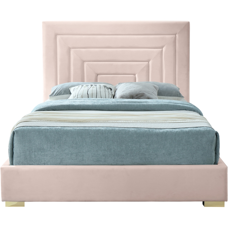 Bowery Hill Contemporary Pink Velvet Queen Bed with Gold/Chrome Legs Included