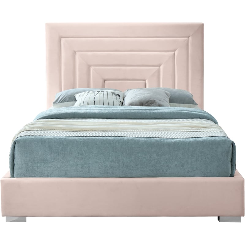 Bowery Hill Contemporary Pink Velvet Queen Bed with Gold/Chrome Legs Included