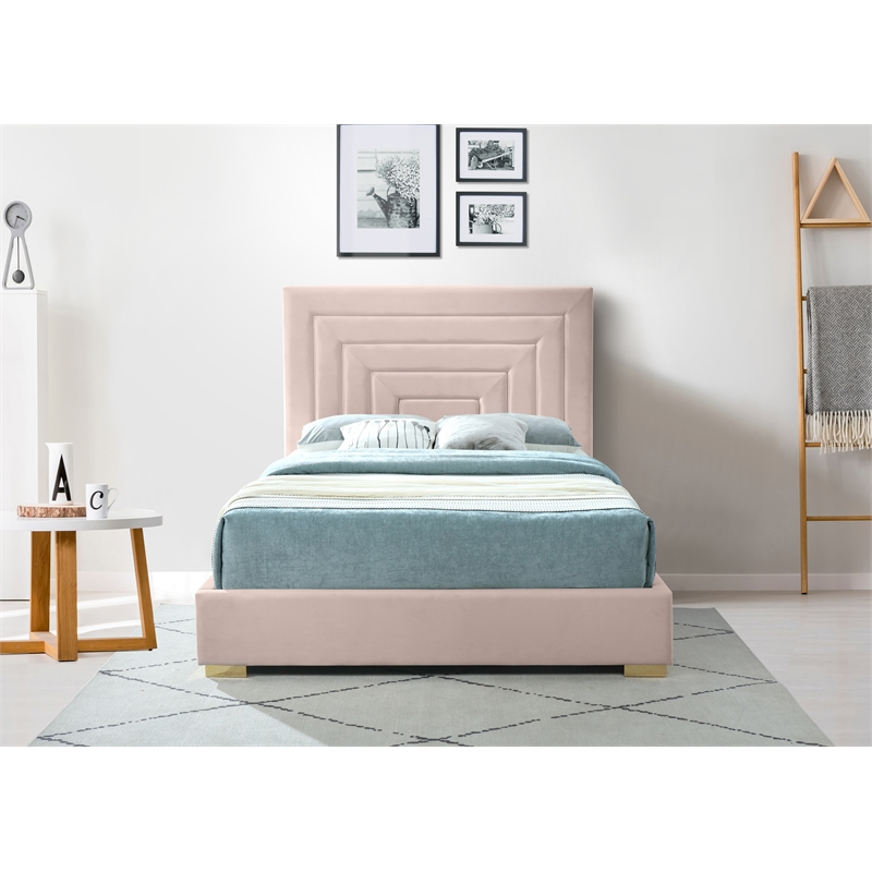 Bowery Hill Contemporary Pink Velvet Queen Bed with Gold/Chrome Legs Included