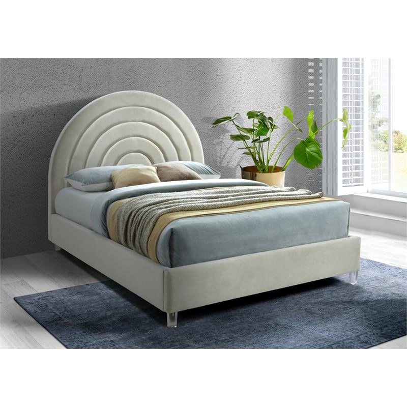 Bowery Hill Contemporary Cream Velvet King Bed in Acrylic Finish