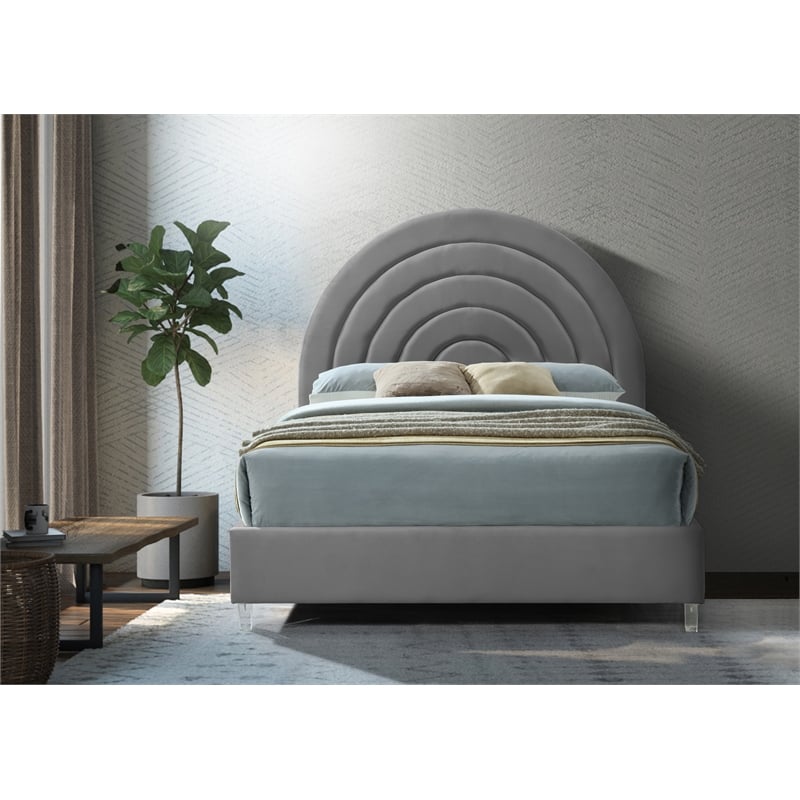 Bowery Hill Contemporary Gray Velvet King Bed in Acrylic Finish