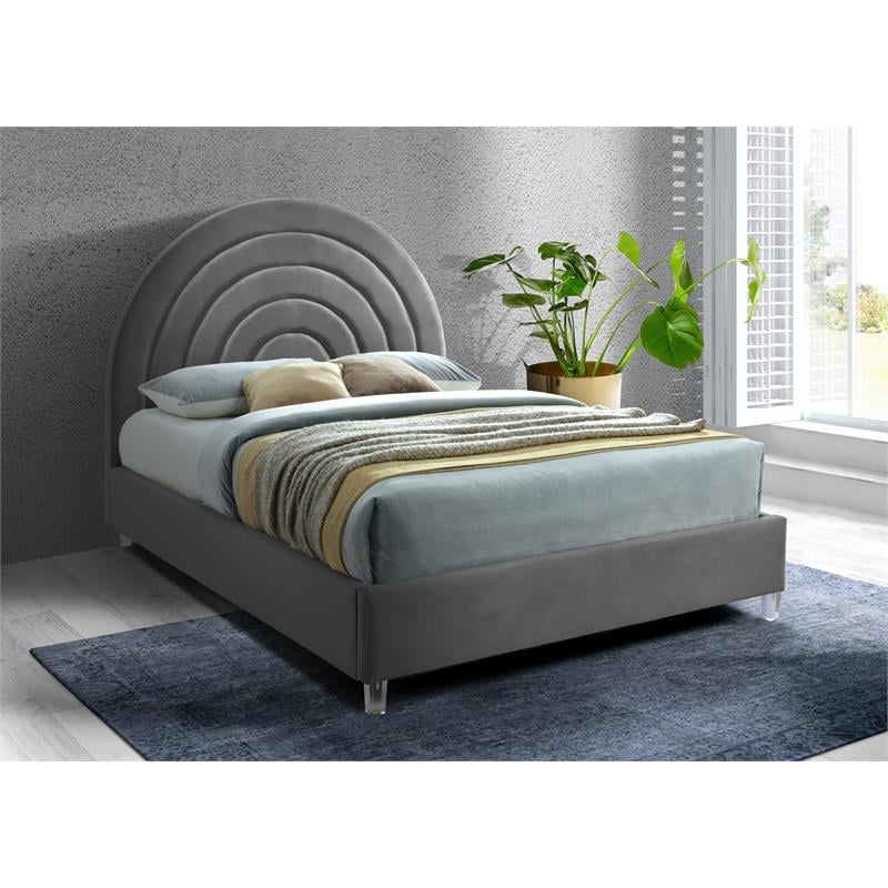 Bowery Hill Contemporary Gray Velvet Queen Bed in Acrylic Finish