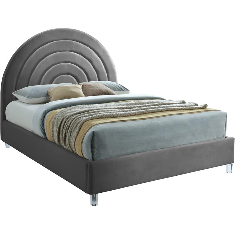 Bowery Hill Contemporary Gray Velvet Queen Bed in Acrylic Finish