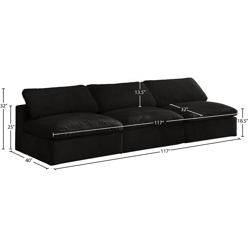 Bowery Hill Contemporary Black Velvet Modular 3 Piece Armless Sofa