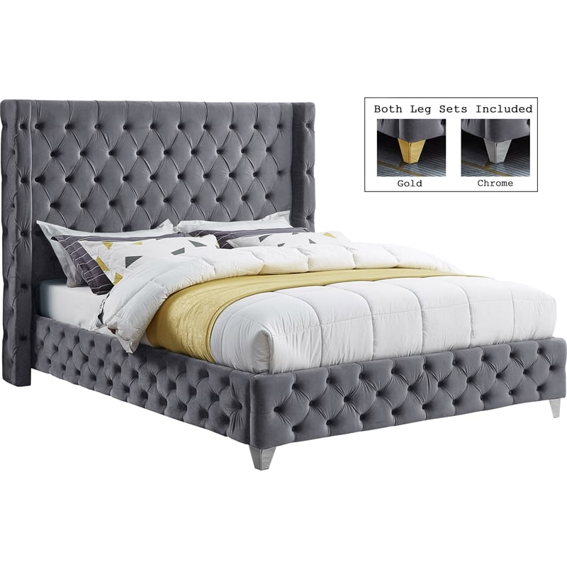 Bowery Hill Contemporary Deep Button Tufted Rich Gray Velvet Full Bed