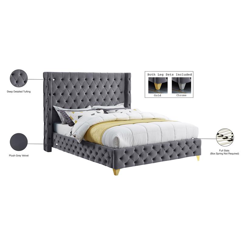 Bowery Hill Contemporary Deep Button Tufted Rich Gray Velvet Full Bed