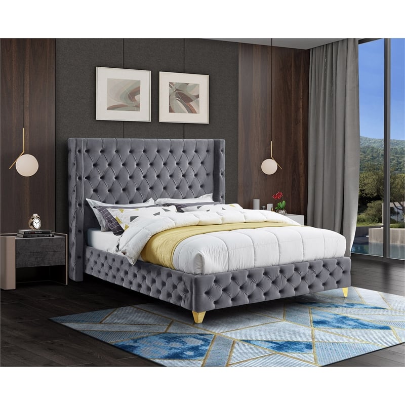Bowery Hill Contemporary Deep Button Tufted Rich Gray Velvet Queen Bed