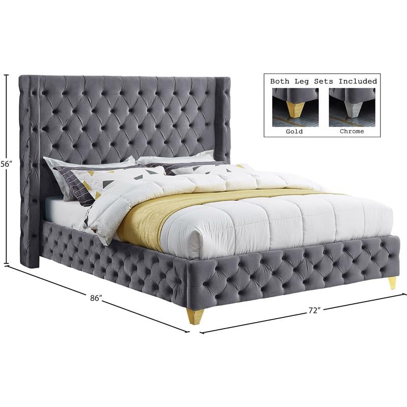 Bowery Hill Contemporary Deep Button Tufted Rich Gray Velvet Queen Bed