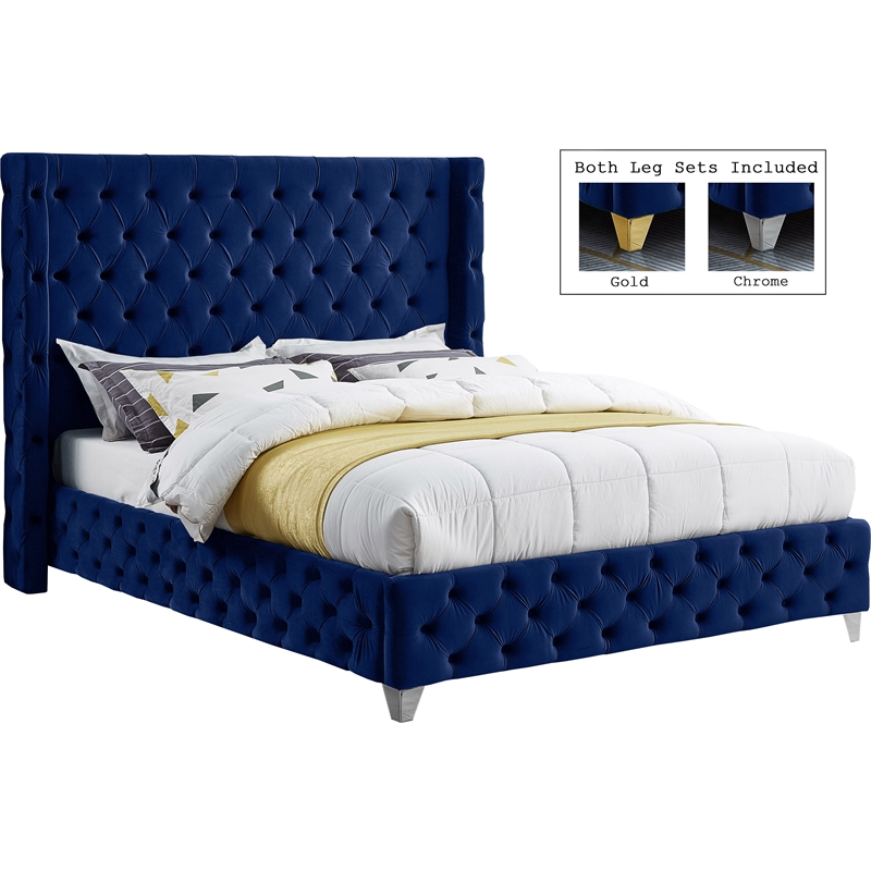 Bowery Hill Contemporary Deep Button Tufted Rich Navy Velvet Full Bed