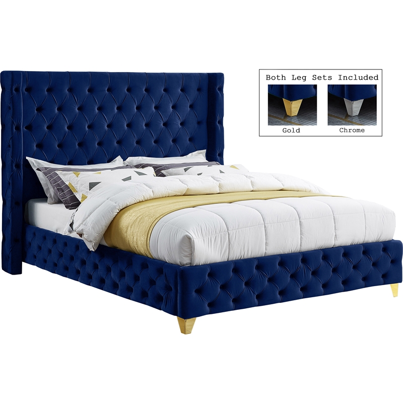 Bowery Hill Contemporary Deep Button Tufted Rich Navy Velvet Full Bed