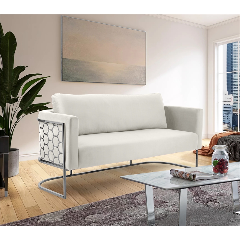 Bowery Hill Contemporary Soft Cream Velvet Upholstereded Sofa