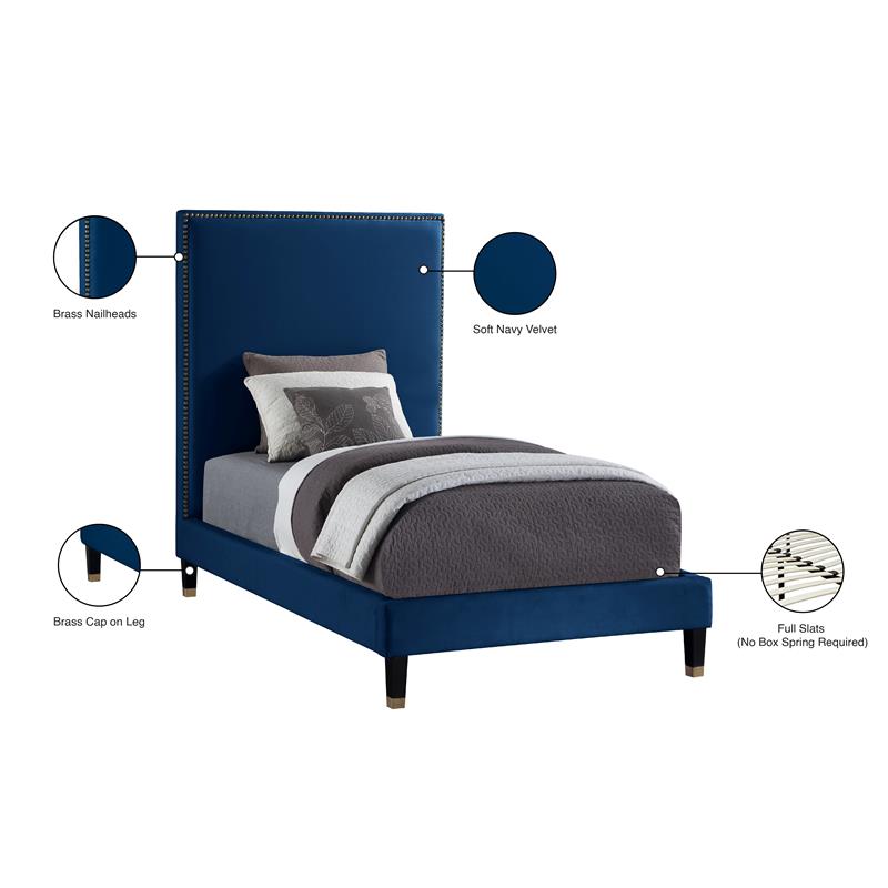 Bowery Hill Contemporary Soft Navy Velvet Twin Bed with Brass Nailheads