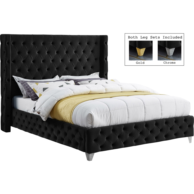Bowery Hill Contemporary Deep Button Tufted Rich Black Velvet Full Bed
