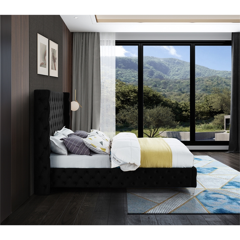 Bowery Hill Contemporary Deep Button Tufted Rich Black Velvet Full Bed