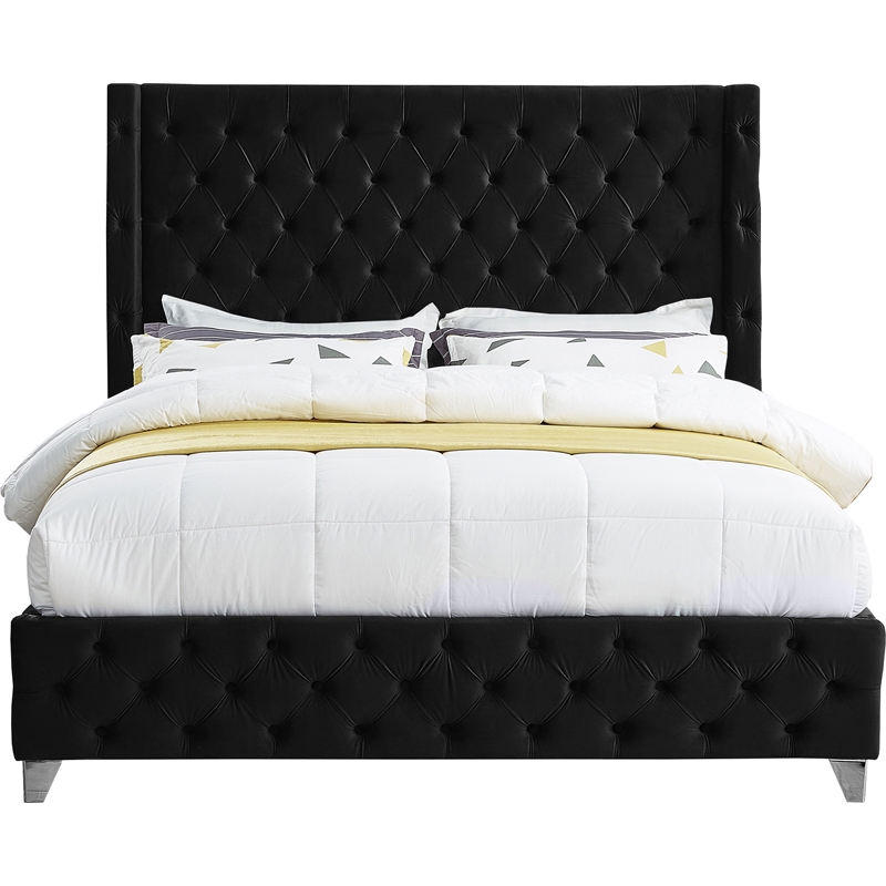 Bowery Hill Contemporary Deep Button Tufted Rich Black Velvet Full Bed