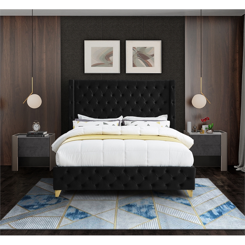 Bowery Hill Contemporary Deep Button Tufted Rich Black Velvet Full Bed