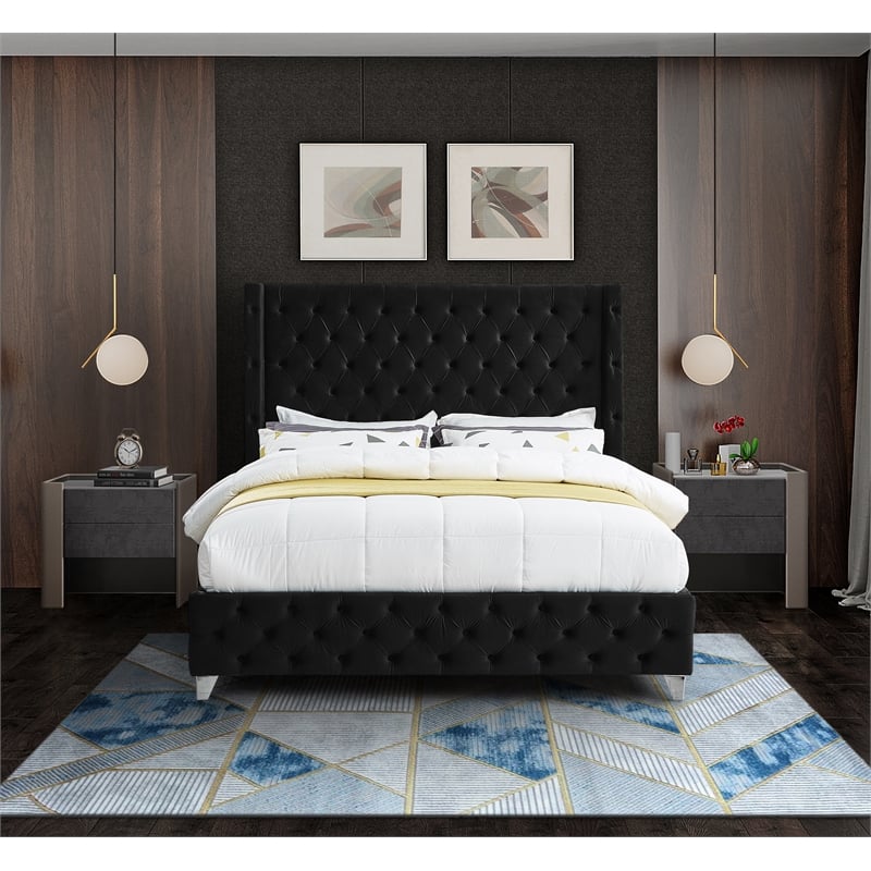 Bowery Hill Contemporary Deep Button Tufted Rich Black Velvet Full Bed