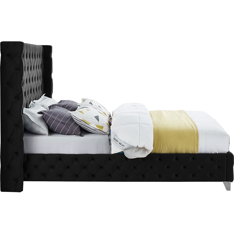 Bowery Hill Contemporary Deep Button Tufted Rich Black Velvet Full Bed