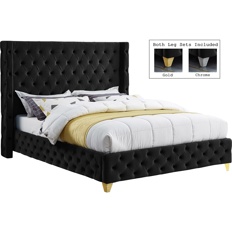Bowery Hill Contemporary Deep Button Tufted Rich Black Velvet Full Bed