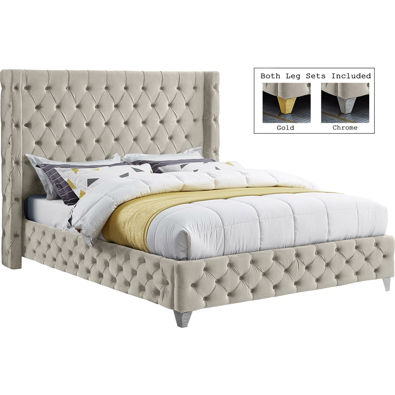Bowery Hill Contemporary Deep Button Tufted Rich Cream Velvet Queen Bed