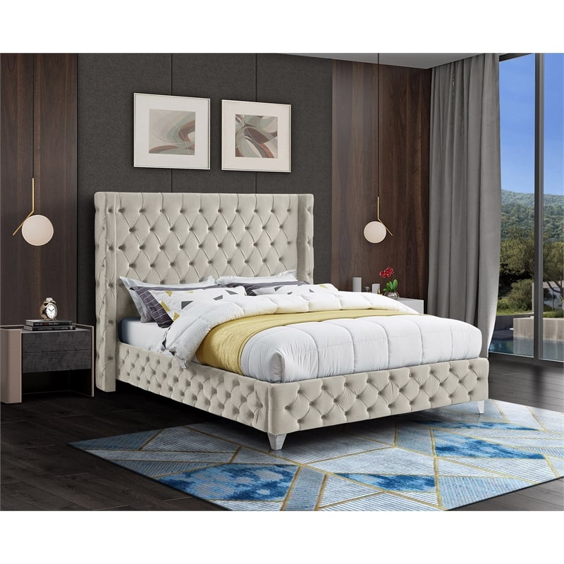 Bowery Hill Contemporary Deep Button Tufted Rich Cream Velvet Queen Bed