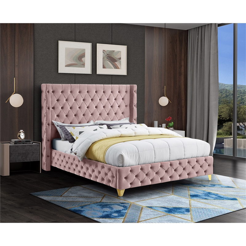 Bowery Hill Contemporary Deep Button Tufted Rich Pink Velvet Full Bed