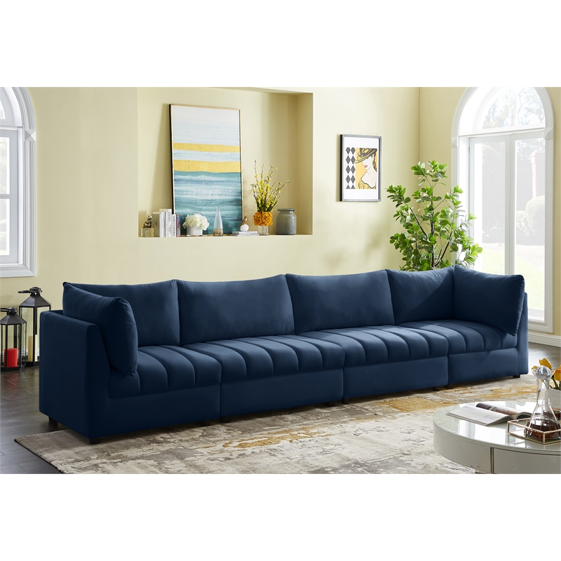 Bowery Hill Contemporary Deep Channel Tufted Soft Navy Velvet Modular Sofa