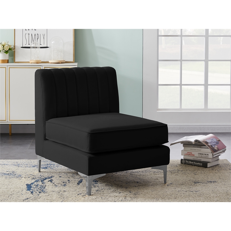 Bowery Hill Contemporary Deep Channel Tufted Soft Black Velvet Armless Chair