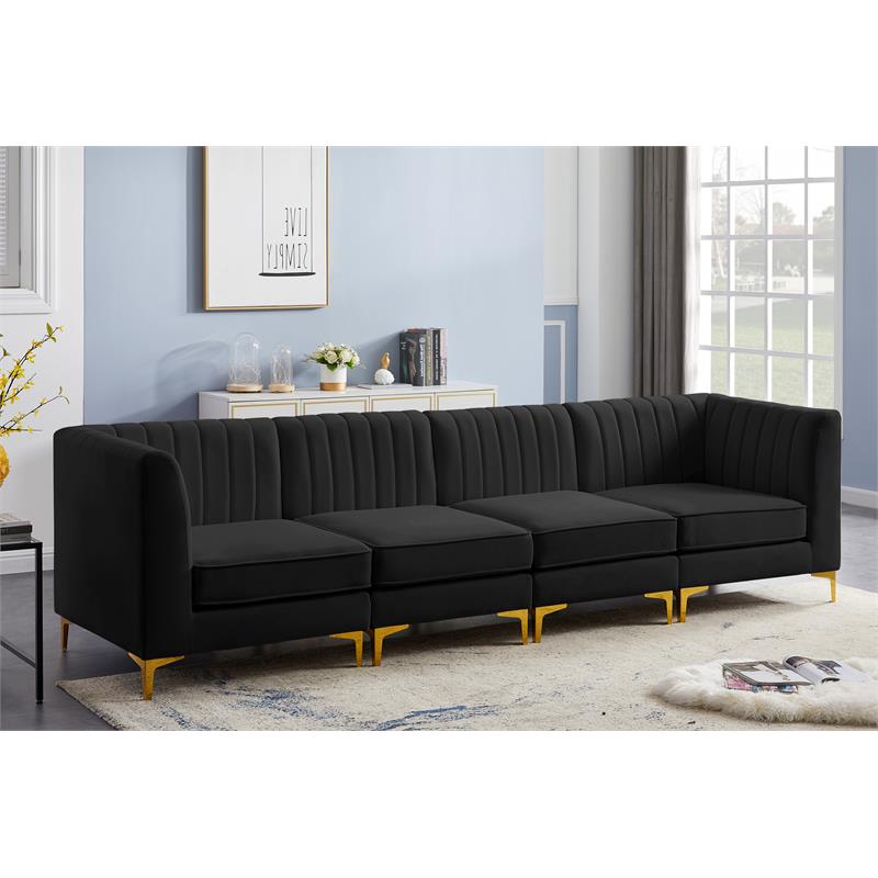 Bowery Hill Contemporary Deep Channel Tufted Soft Black Velvet Modular Sofa