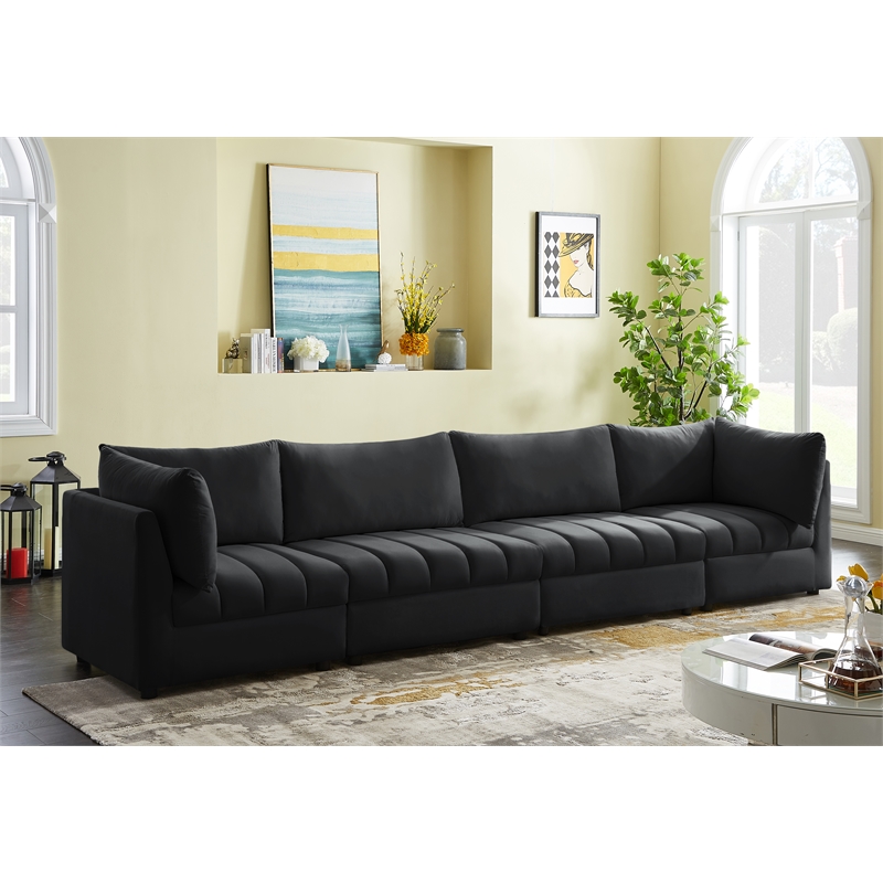 Bowery Hill Contemporary Deep Channel Tufted Soft Black Velvet Modular Sofa