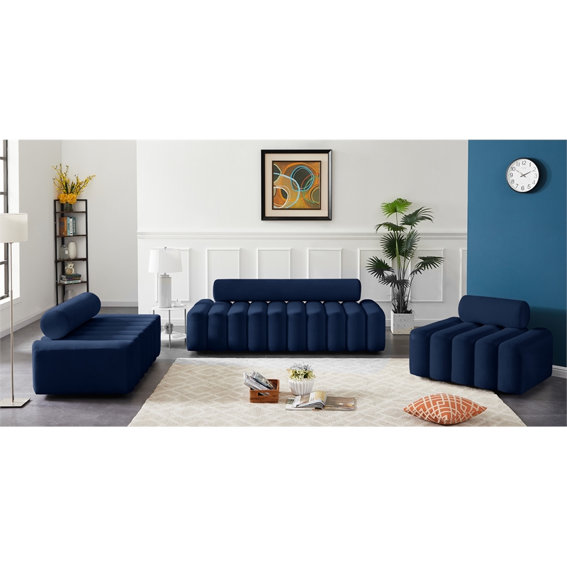 Bowery Hill Contemporary Deep Channel Tufted Soft Navy Velvet Sofa