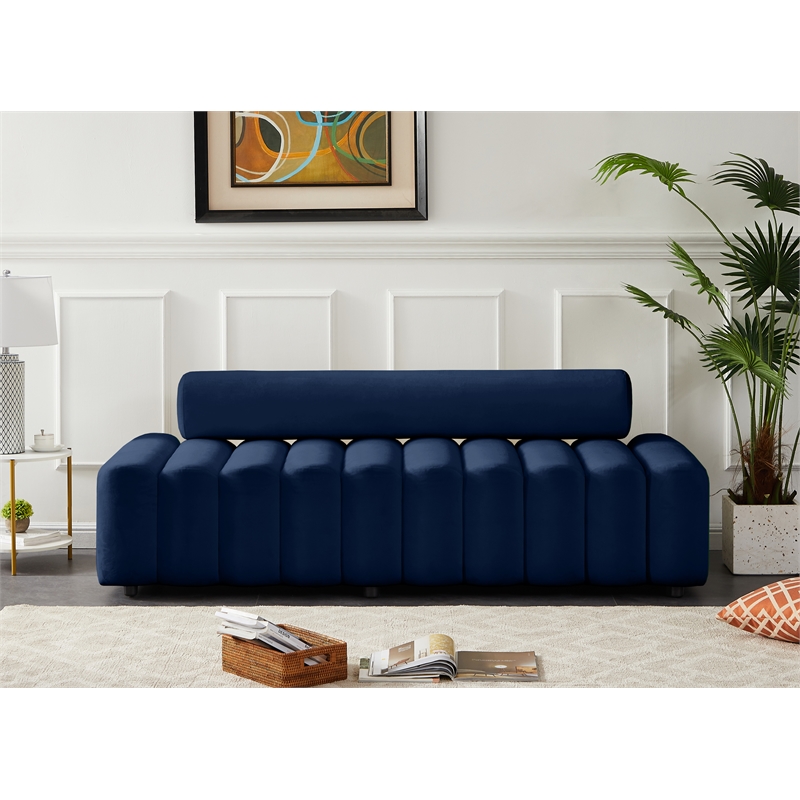 Bowery Hill Contemporary Deep Channel Tufted Soft Navy Velvet Sofa