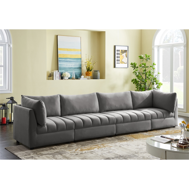 Bowery Hill Contemporary Deep Channel Tufted Soft Grey Velvet Modular Sofa
