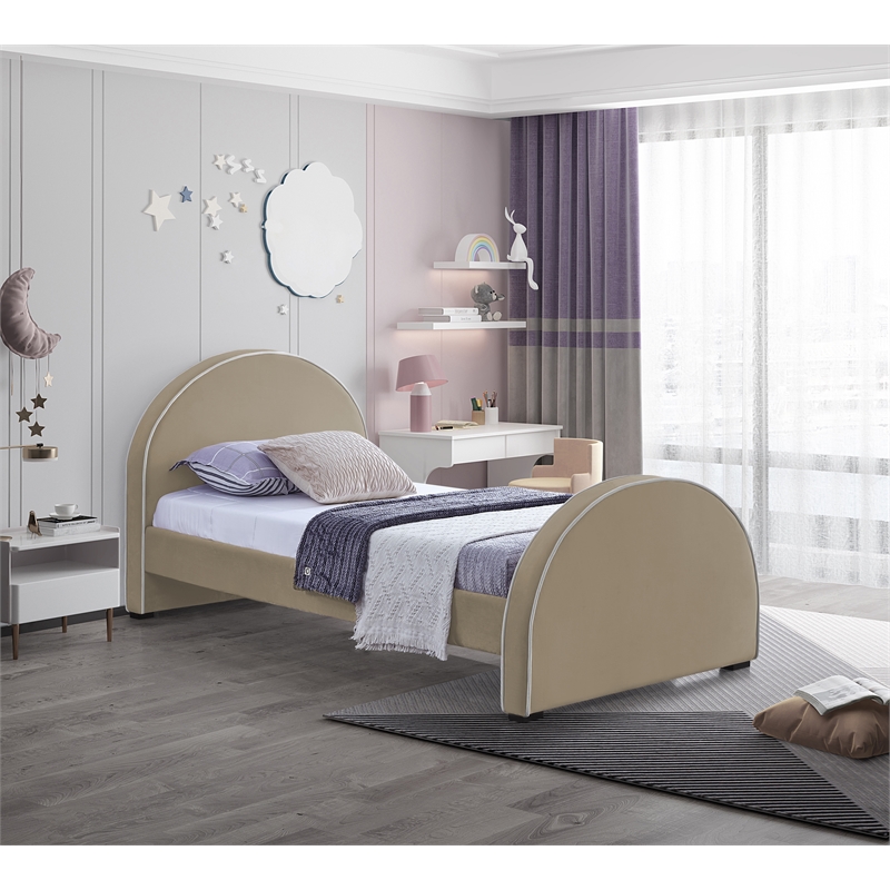 Bowery Hill Contemporary Beige Velvet Twin Bed with Dark Espresso Wood Legs