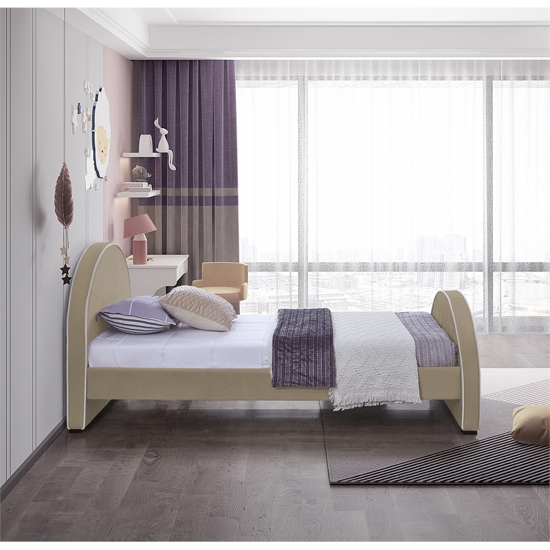 Bowery Hill Contemporary Beige Velvet Twin Bed with Dark Espresso Wood Legs