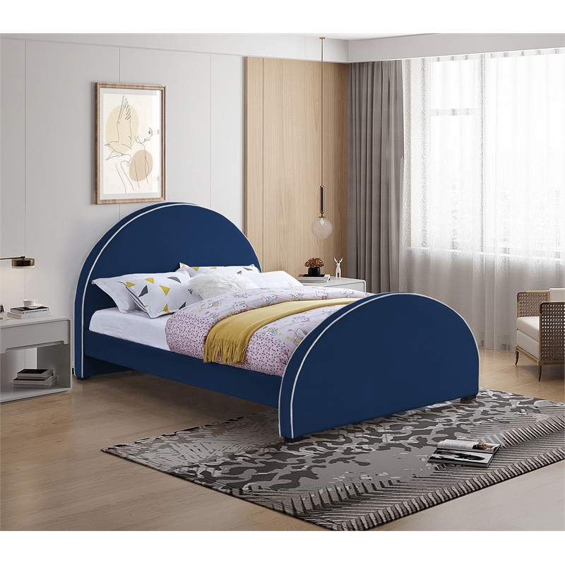 Bowery Hill Contemporary Navy Velvet Queen Bed with Dark Espresso Wood Legs