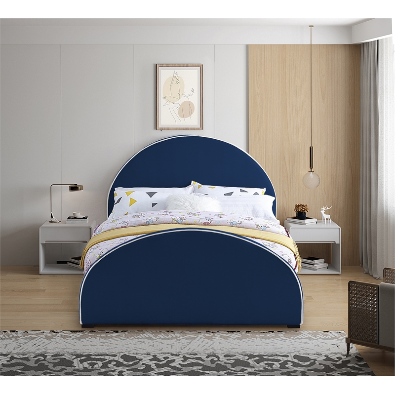 Bowery Hill Contemporary Navy Velvet Queen Bed with Dark Espresso Wood Legs