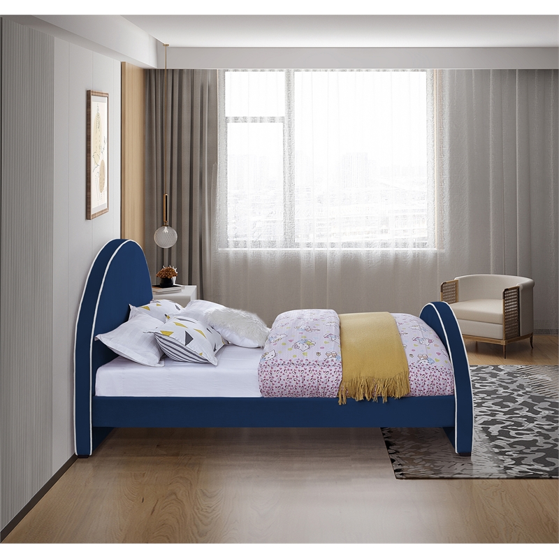 Bowery Hill Contemporary Navy Velvet Queen Bed with Dark Espresso Wood Legs