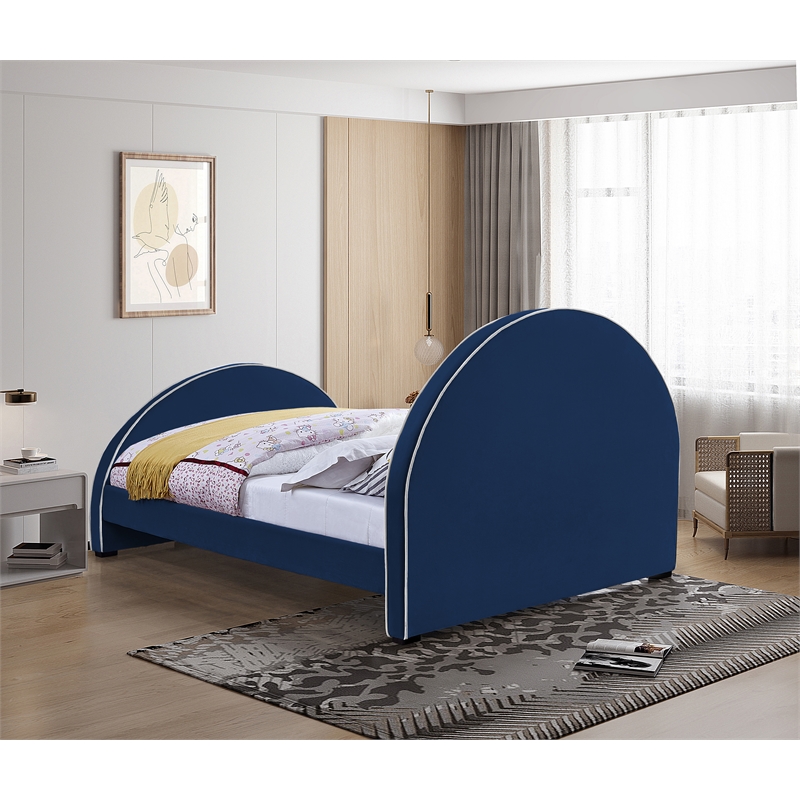 Bowery Hill Contemporary Navy Velvet Queen Bed with Dark Espresso Wood Legs