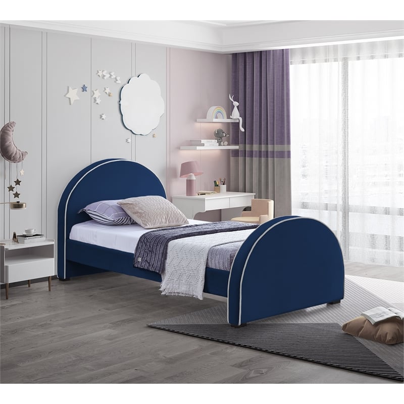 Bowery Hill Contemporary Navy Velvet Twin Bed with Dark Espresso Wood Legs