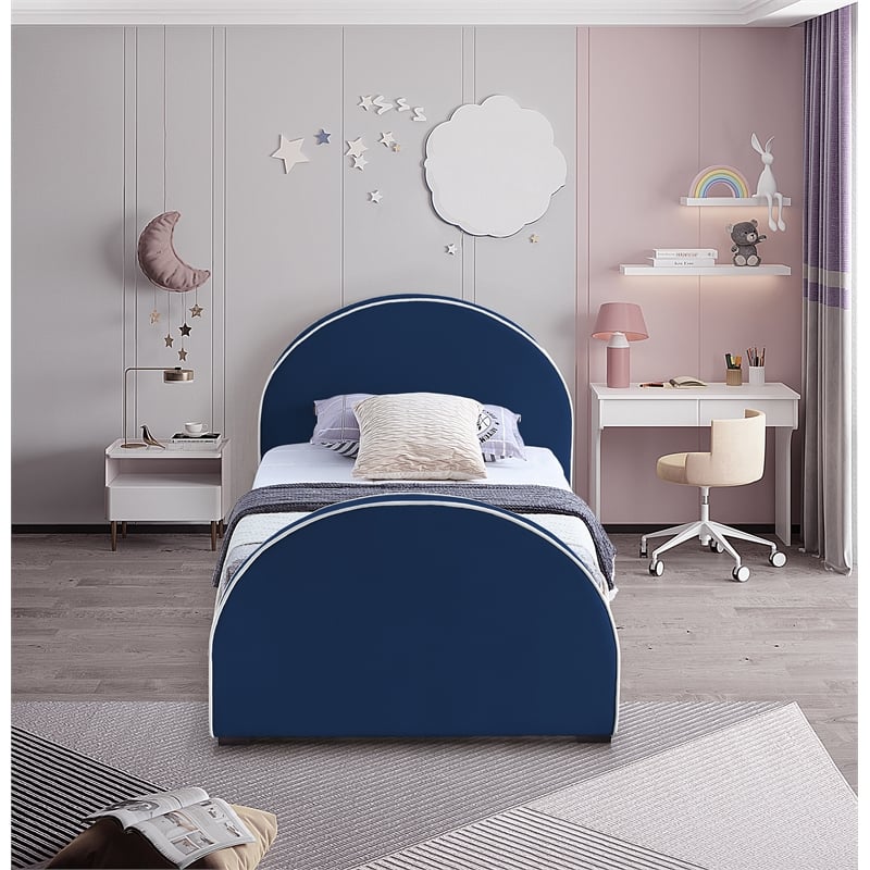 Bowery Hill Contemporary Navy Velvet Twin Bed with Dark Espresso Wood Legs
