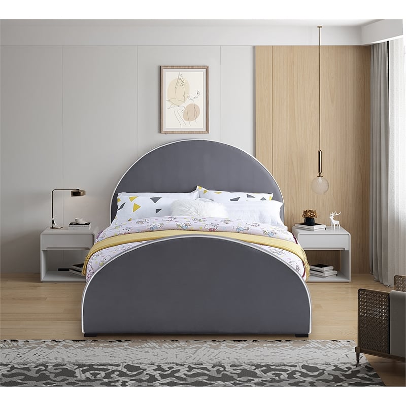 Bowery Hill Contemporary Grey Velvet Full Bed with Dark Espresso Wood Legs