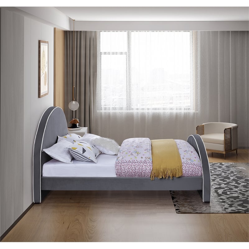 Bowery Hill Contemporary Grey Velvet Full Bed with Dark Espresso Wood Legs